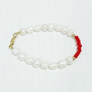 New Bracelet Handmade With Vintage Red Beads And Freshwater Pearls
